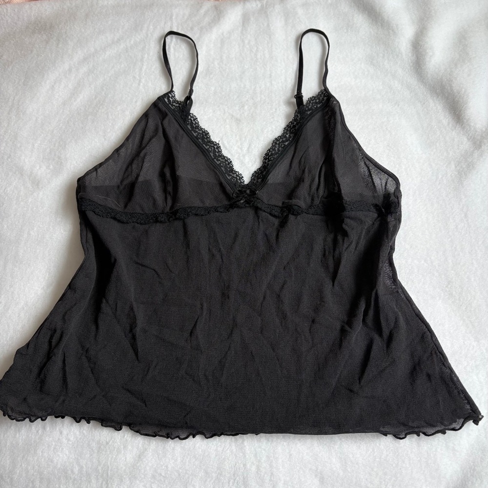 Vintage Black Mesh Babydoll Top Lace Trim Lettuce Hem Sheer Camisole